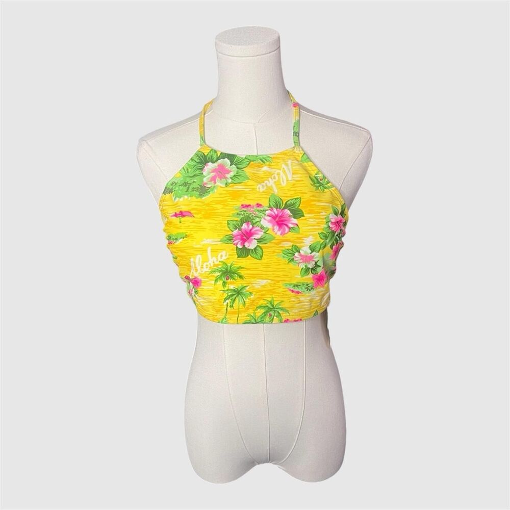 Y2K No Boundaries Yellow Aloha Halter Tankini Swim Top
